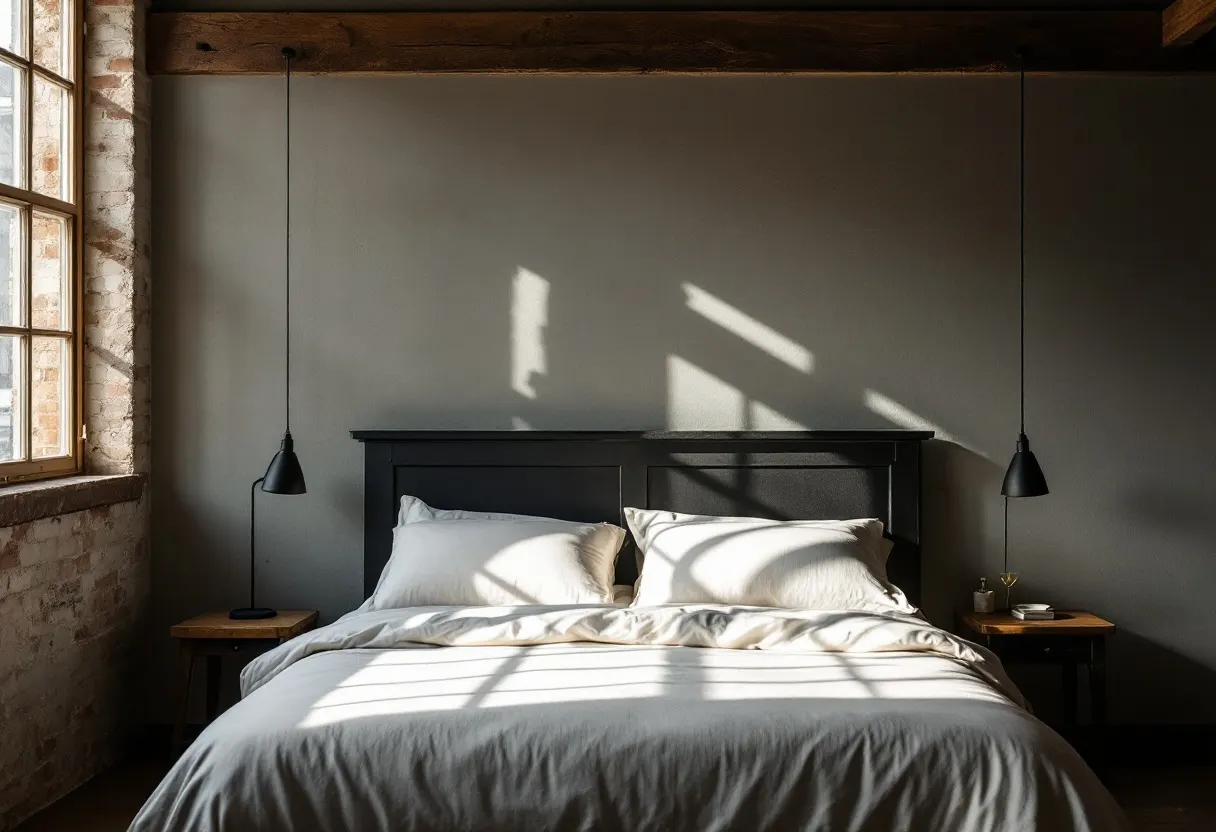 The Mill Room — made king bed beneath the original 1926 timber beam