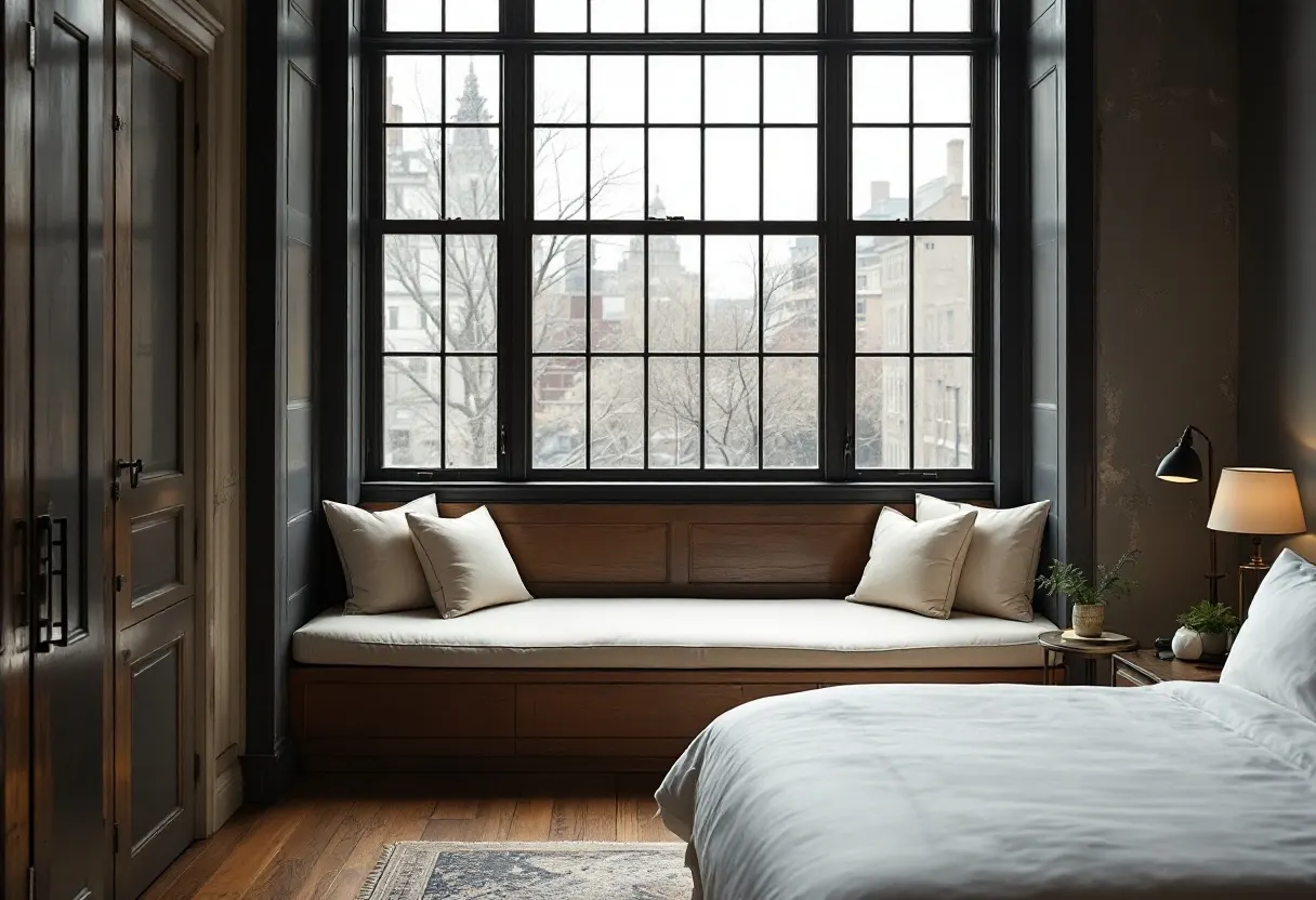 The Corner Study — window seat built into the tall warehouse window