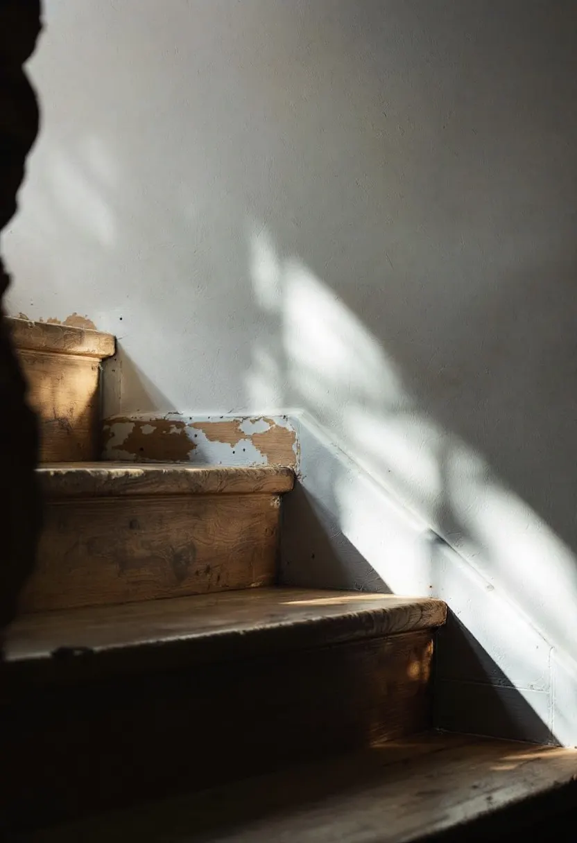 The worn oak treads of the original warehouse staircase in morning light