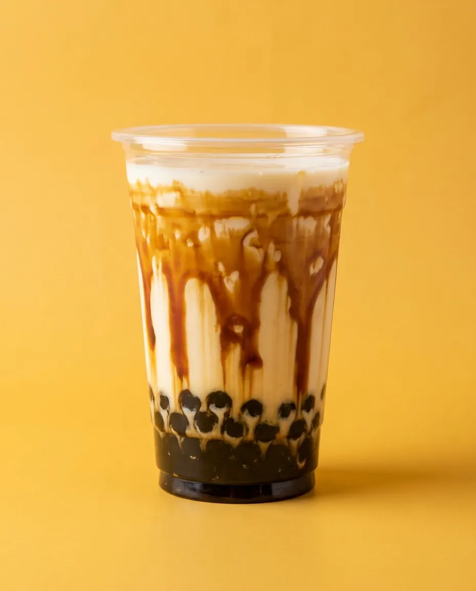 A brown sugar boba milk with caramel syrup streaks and black pearls