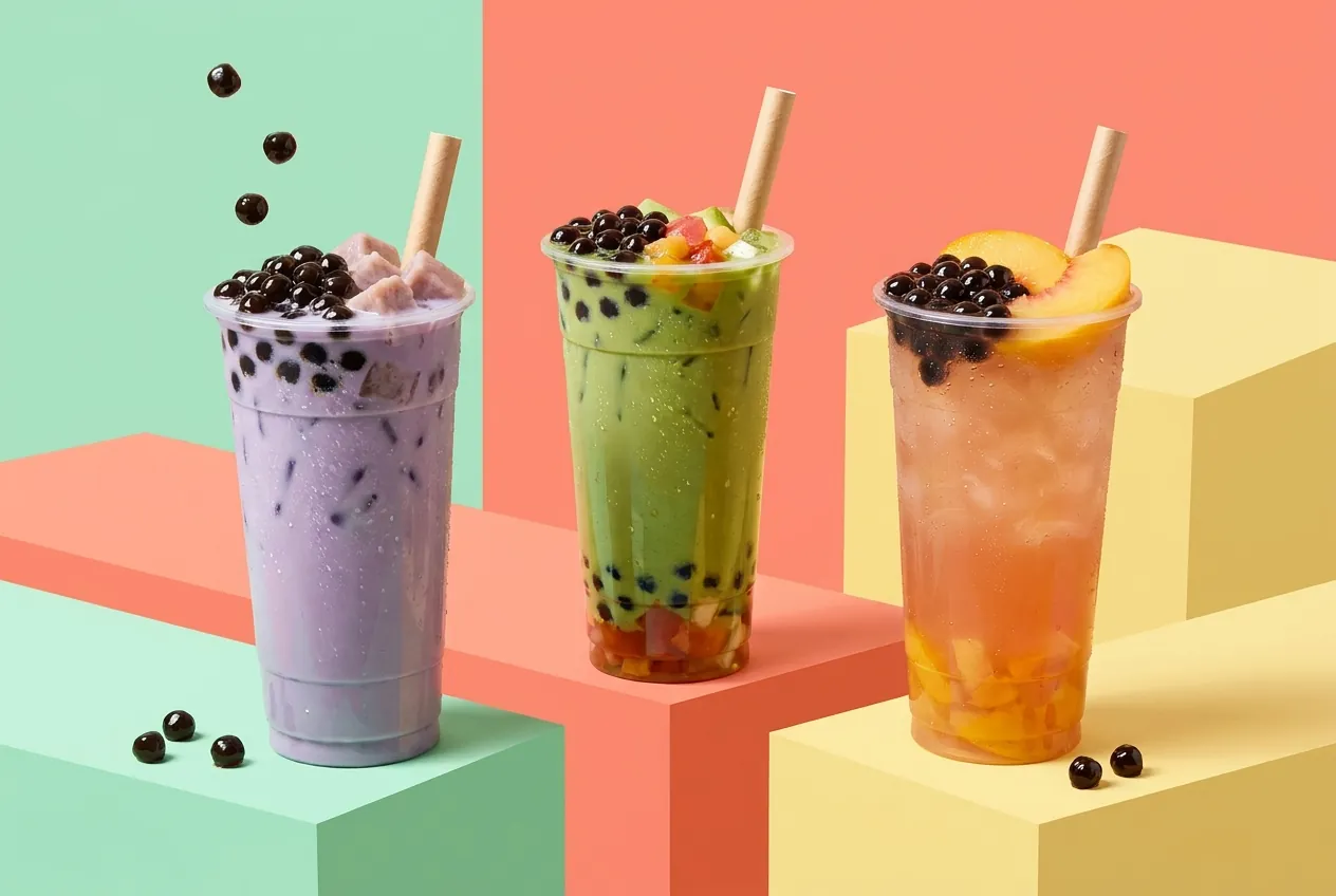 Three cups of Slurp Club bubble tea in taro, matcha and peach, topped with tapioca pearls, on colourful blocks
