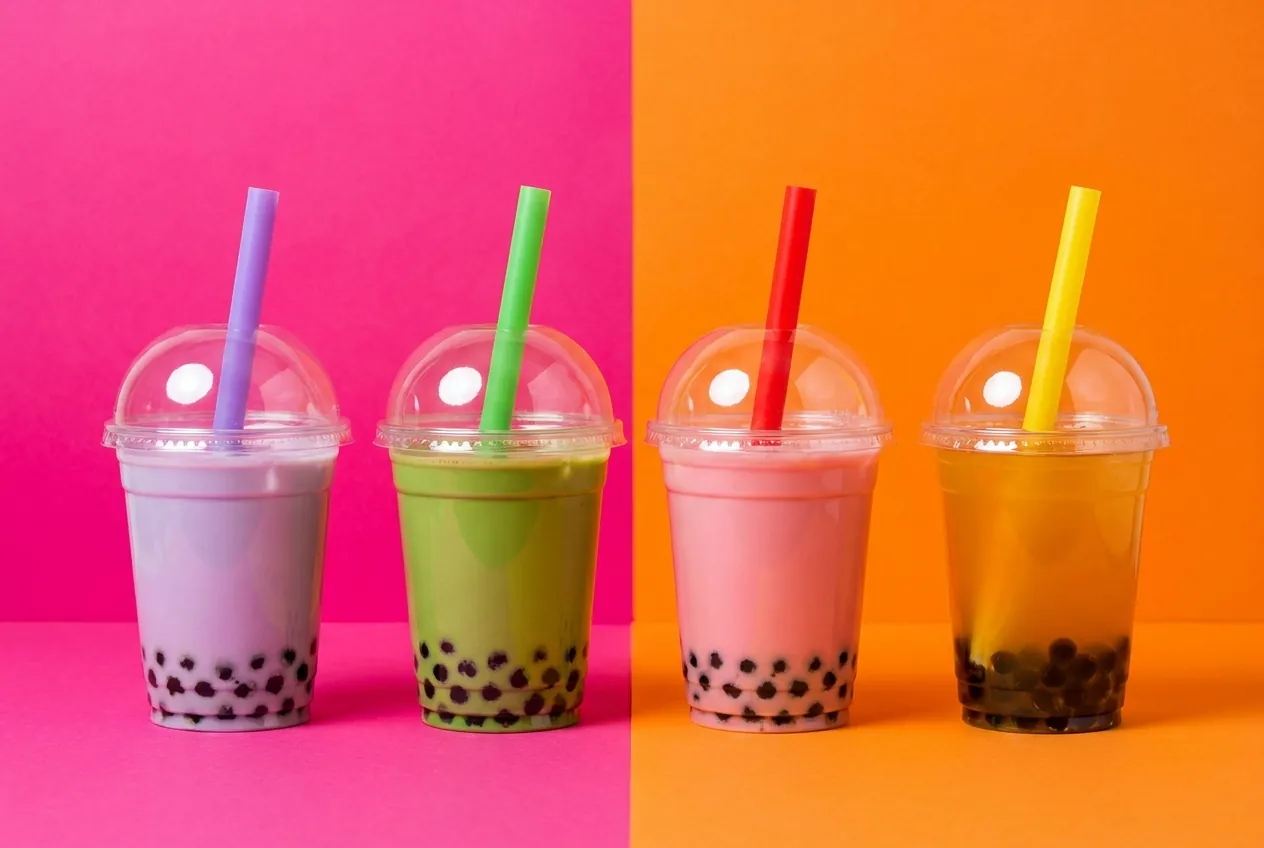 A row of four Slurp Club bubble teas: taro, matcha, strawberry and mango, each with tapioca pearls