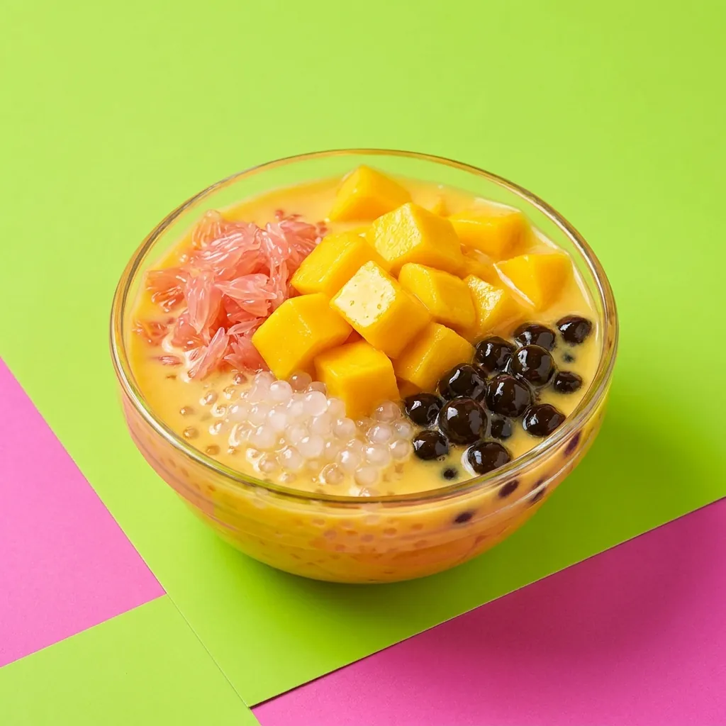 A bowl of mango pomelo sago with fresh mango, pomelo, coconut sago and tapioca pearls