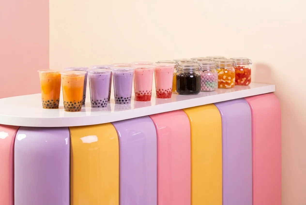 The Slurp Club counter with glossy pastel cabinetry, a row of drinks and jars of colourful toppings