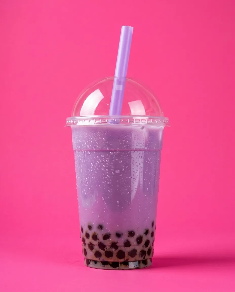 A taro milk tea with tapioca pearls in a domed cup
