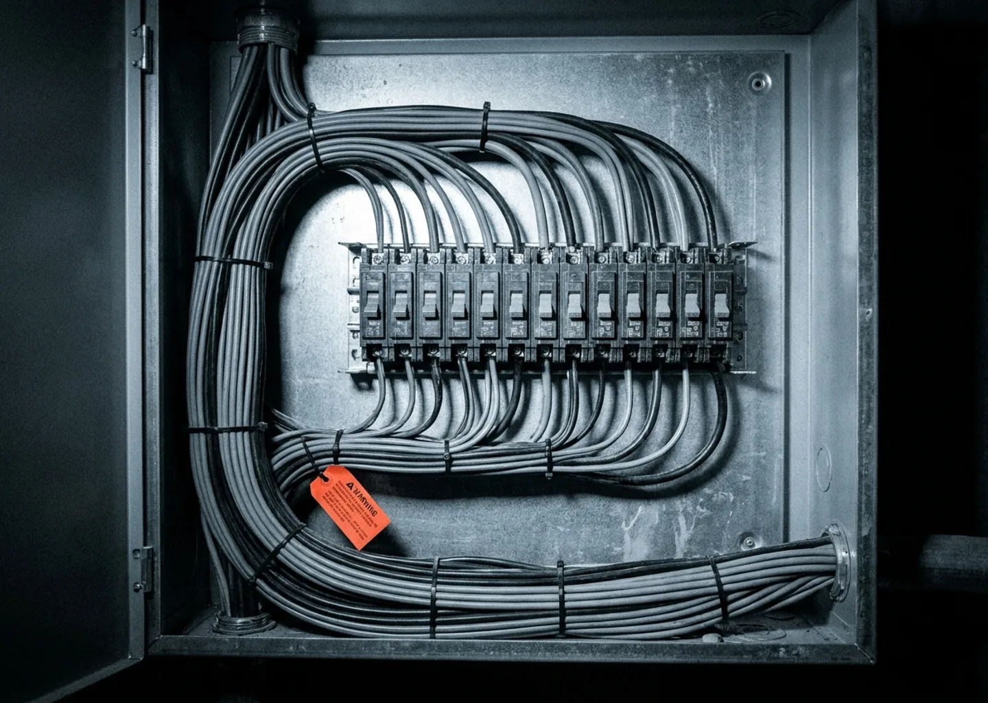 An interior wall cavity mid-rewire, fresh cabling run cleanly through timber studs.
