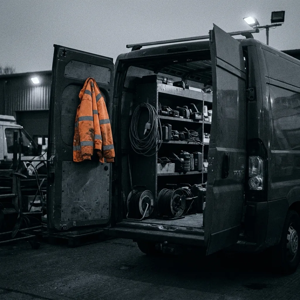 The open rear of a sign-written van: organised tool drawers, hand tools, hi-vis.