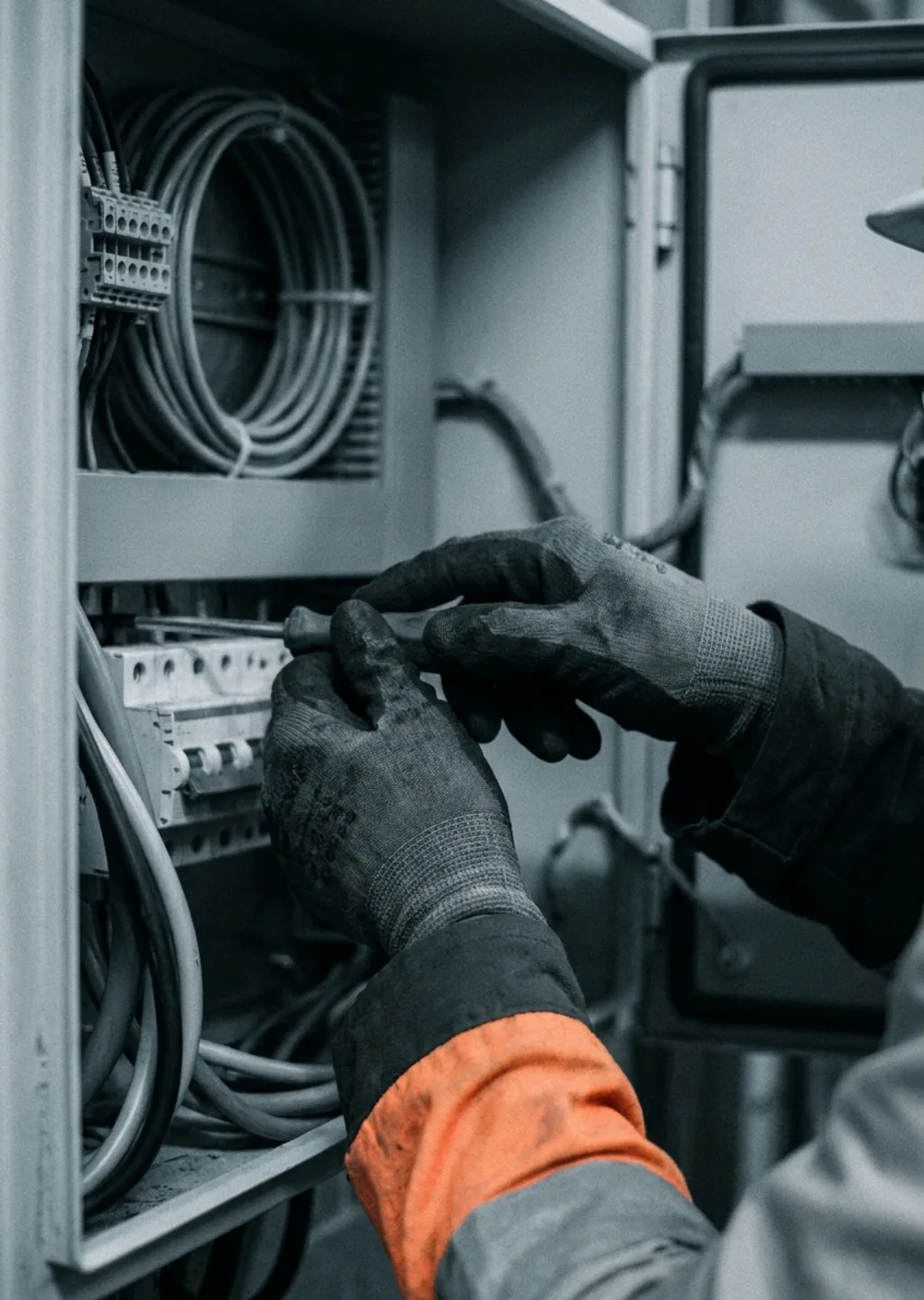 Work-roughened hands torquing a fixing against brushed steel.