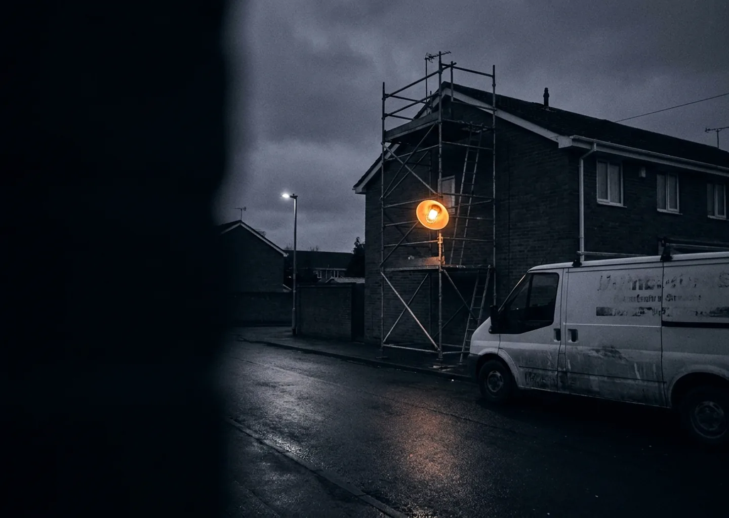 A sign-written work van at a scaffolded job site at blue hour, a warm work-light glowing.