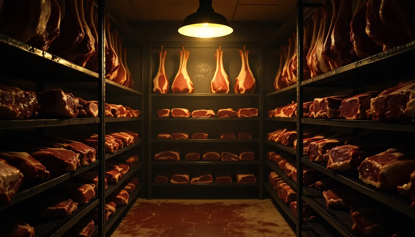 Racks of beef on the bone aging in a dark room under one warm lamp.