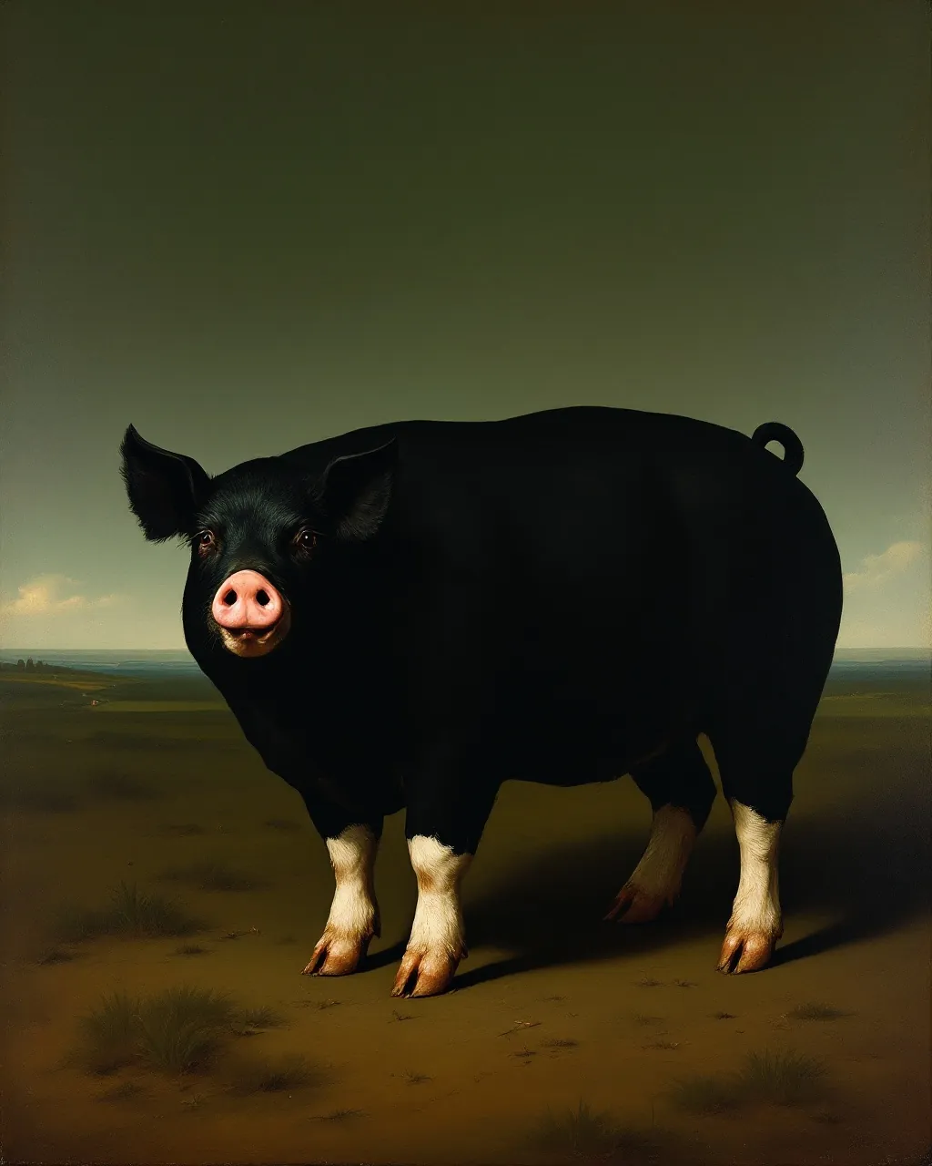 A naive prize-livestock painting of a black Berkshire pig with white socks in side profile.