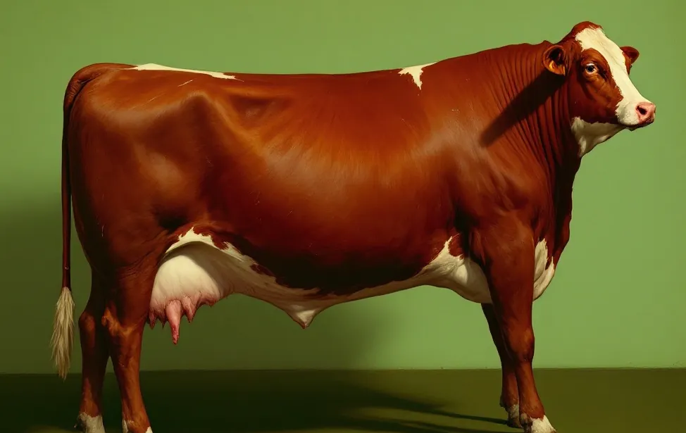A naive prize-livestock painting of a red and white Hereford in side profile on a green ground.