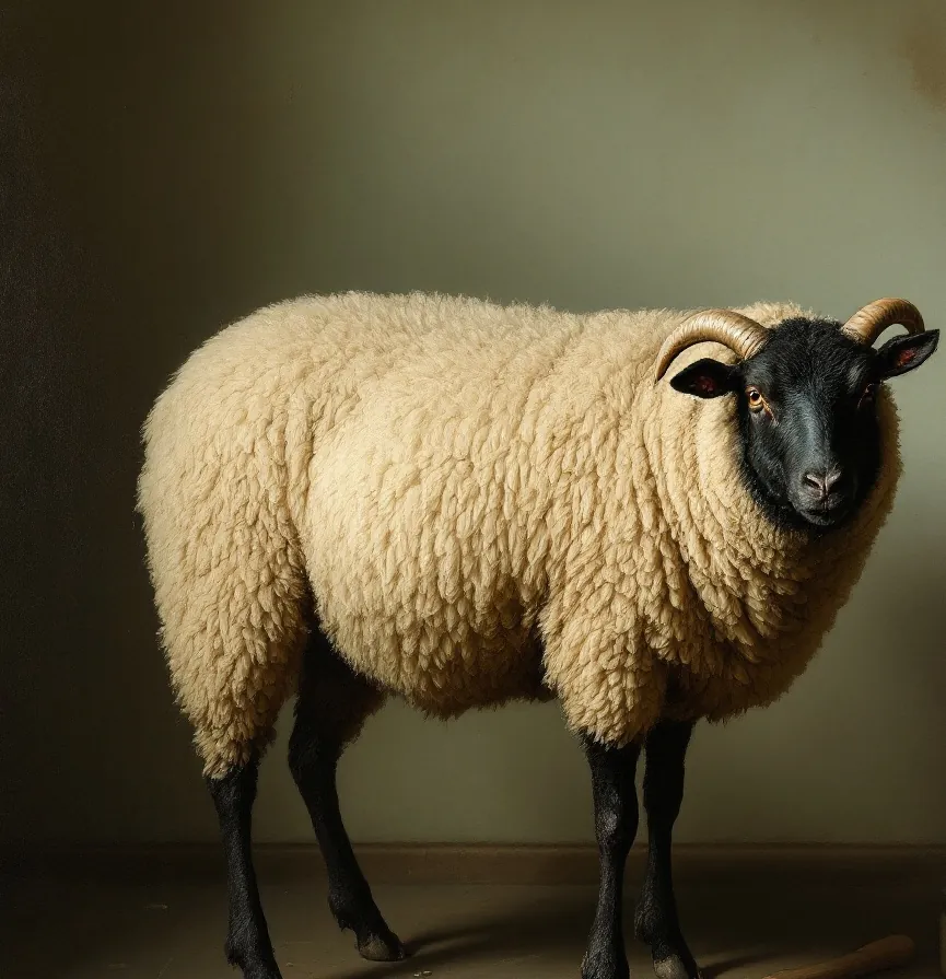 A naive prize-livestock painting of a horned black-faced Norfolk Horn sheep with cream fleece.