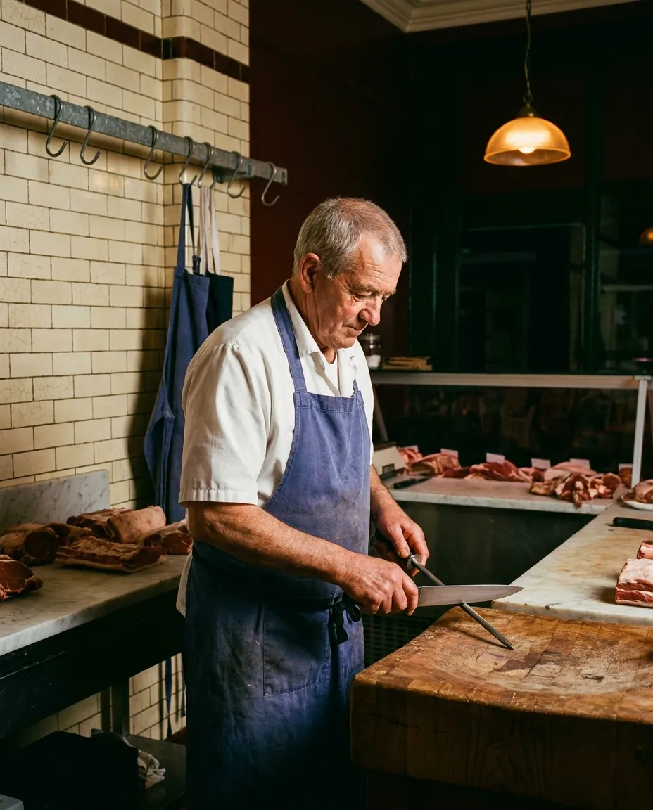 A butcher in an indigo apron sharpening a knife beside an oak block in a cream-tiled shop.