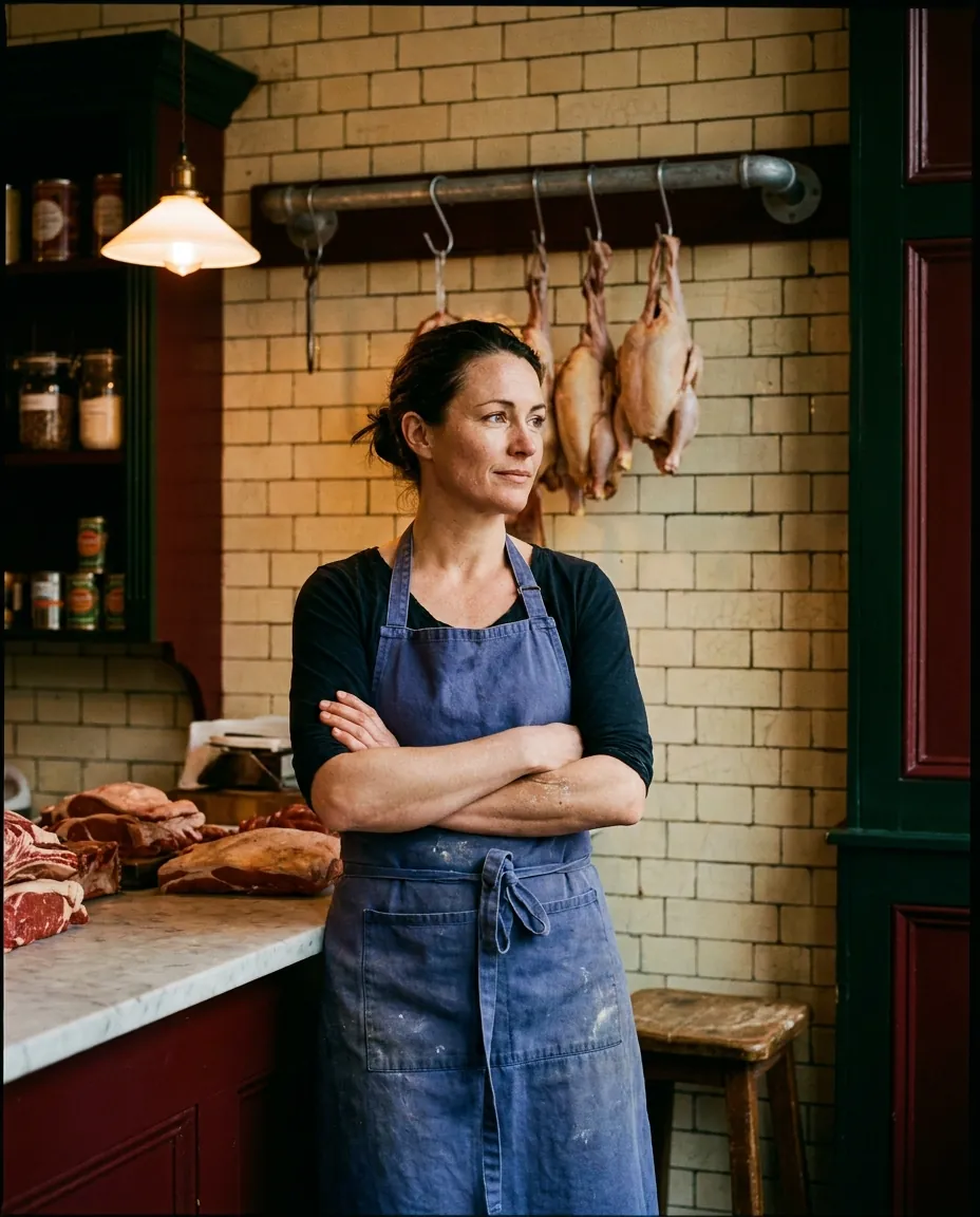 A butcher in an indigo apron standing with arms crossed before a cream-tiled wall hung with birds on a steel rail.