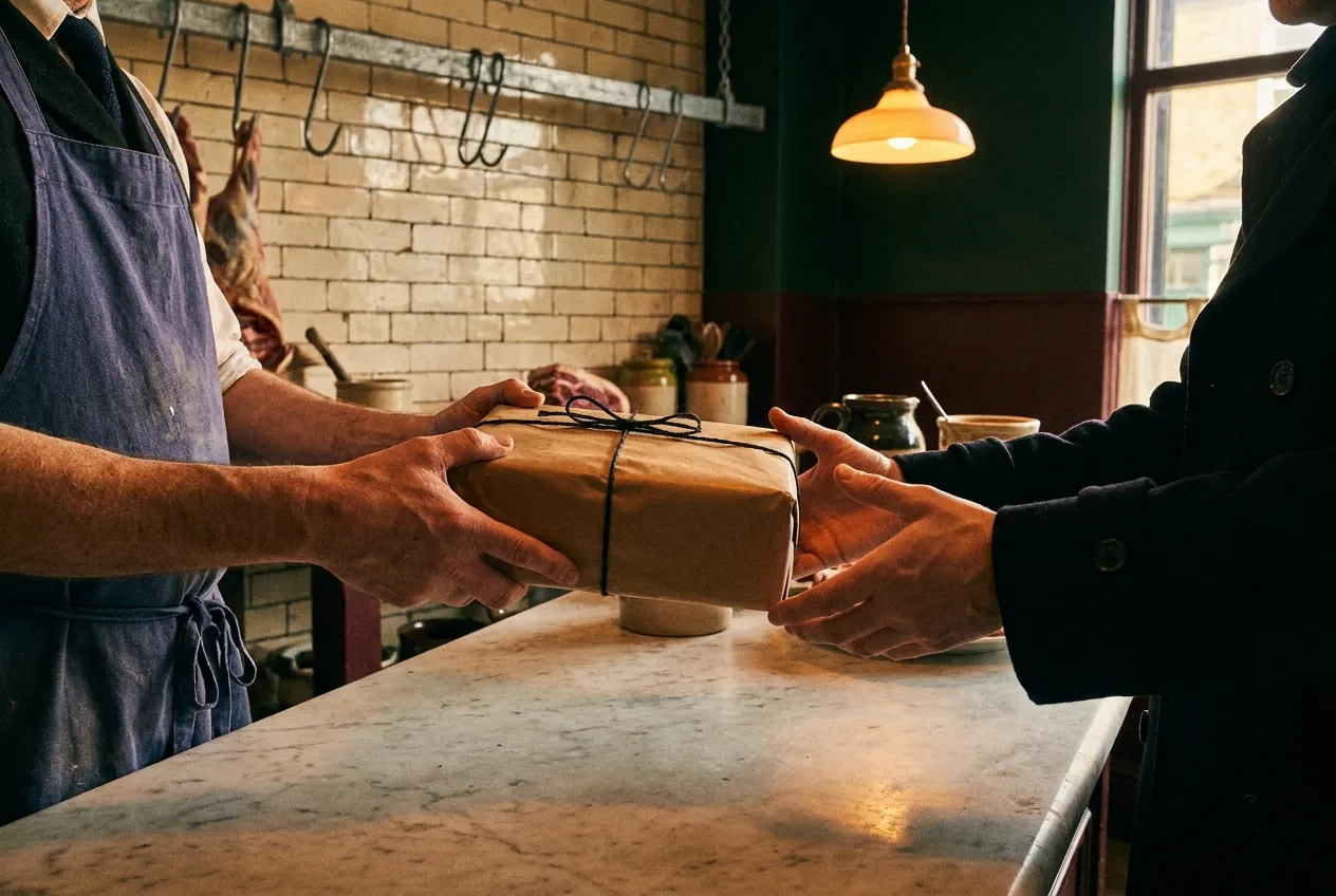 A twine-tied paper parcel passed across a marble counter from butcher to customer.