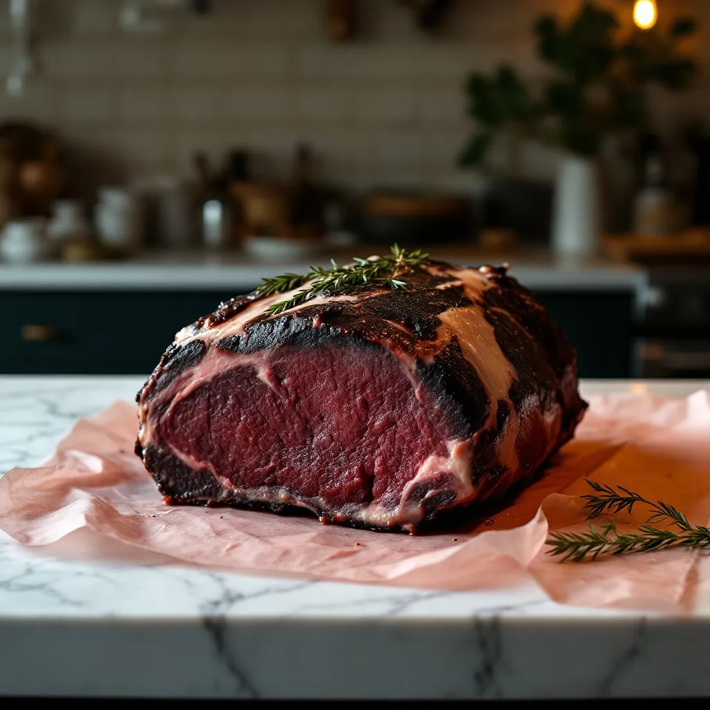 A dry-aged boned and rolled beef rib joint with a dark crust on pink lining paper.
