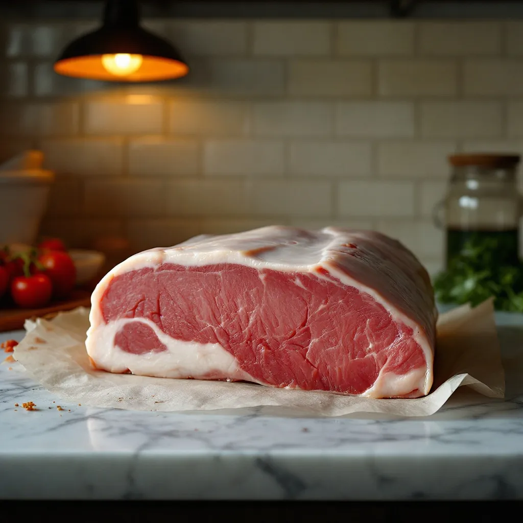 A rind-on pork loin with a deep cream fat cap on pink lining paper.