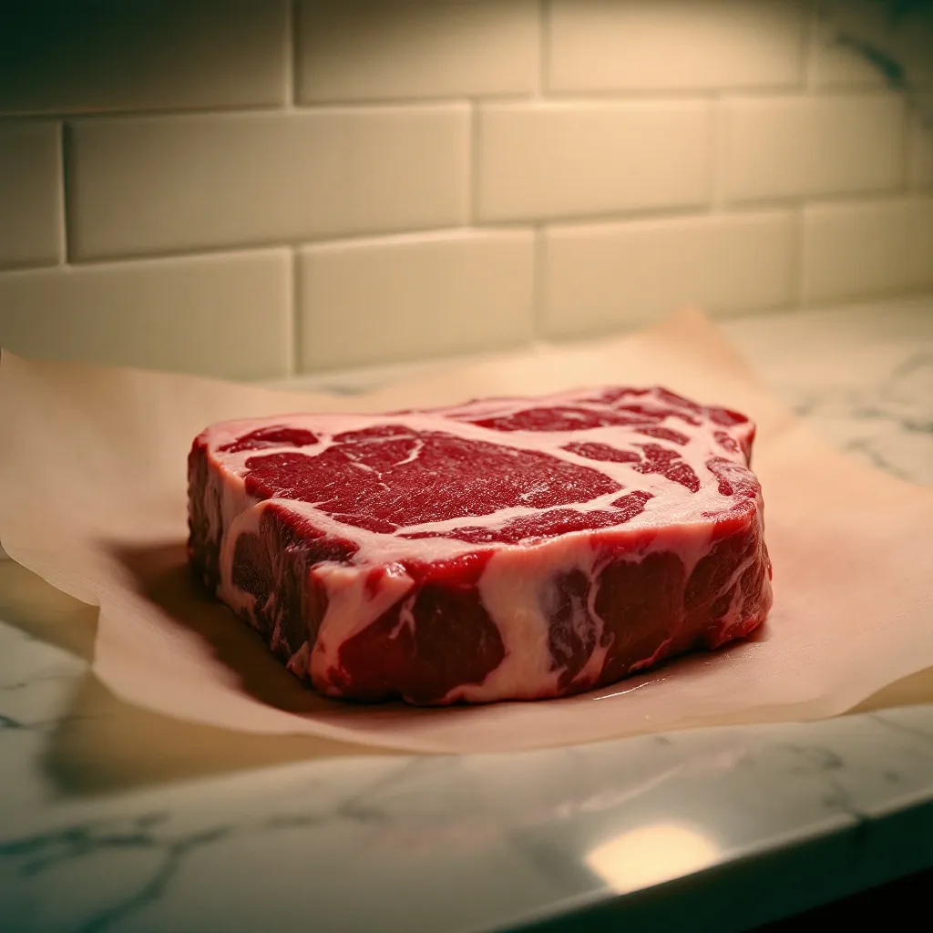 A thick-cut marbled steak resting on pink lining paper on a marble counter.