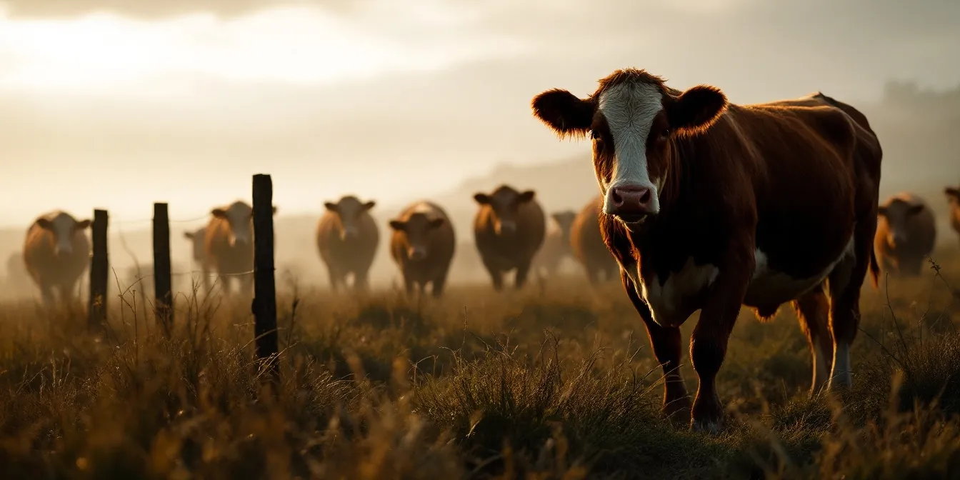 Cattle grazing on misty hill pasture at dawn behind a timber post fence.