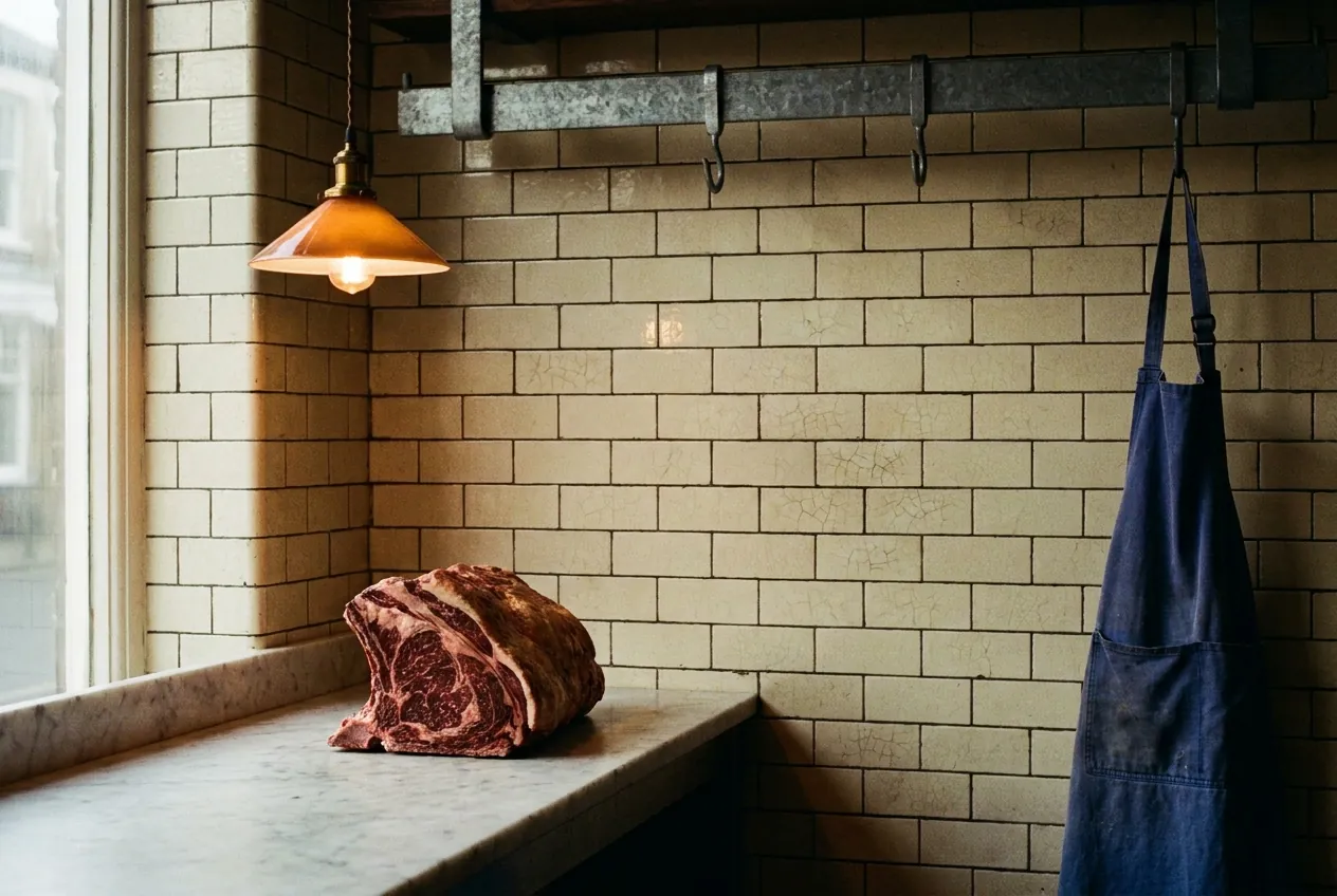 A dry-aged rib of beef under one warm lamp on the marble counter of a cream-tiled butcher shop, an indigo apron hanging by the rail.