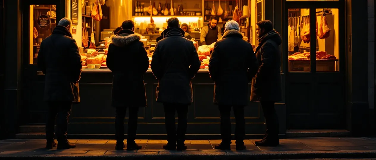 People in winter coats queuing at a warm glowing butcher shop window in early morning light.