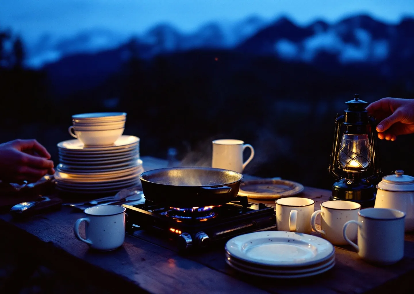 Camp kitchen at blue hour: enamel plates and mugs stacked by a lit lantern with a pan steaming on a small stove