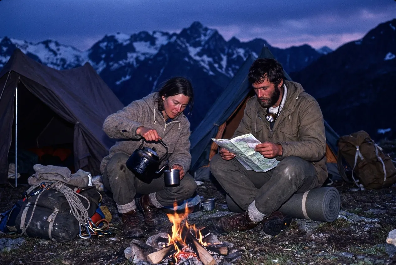 Two gear testers by a campfire at blue hour, one pouring from a blackened kettle, one reading a map