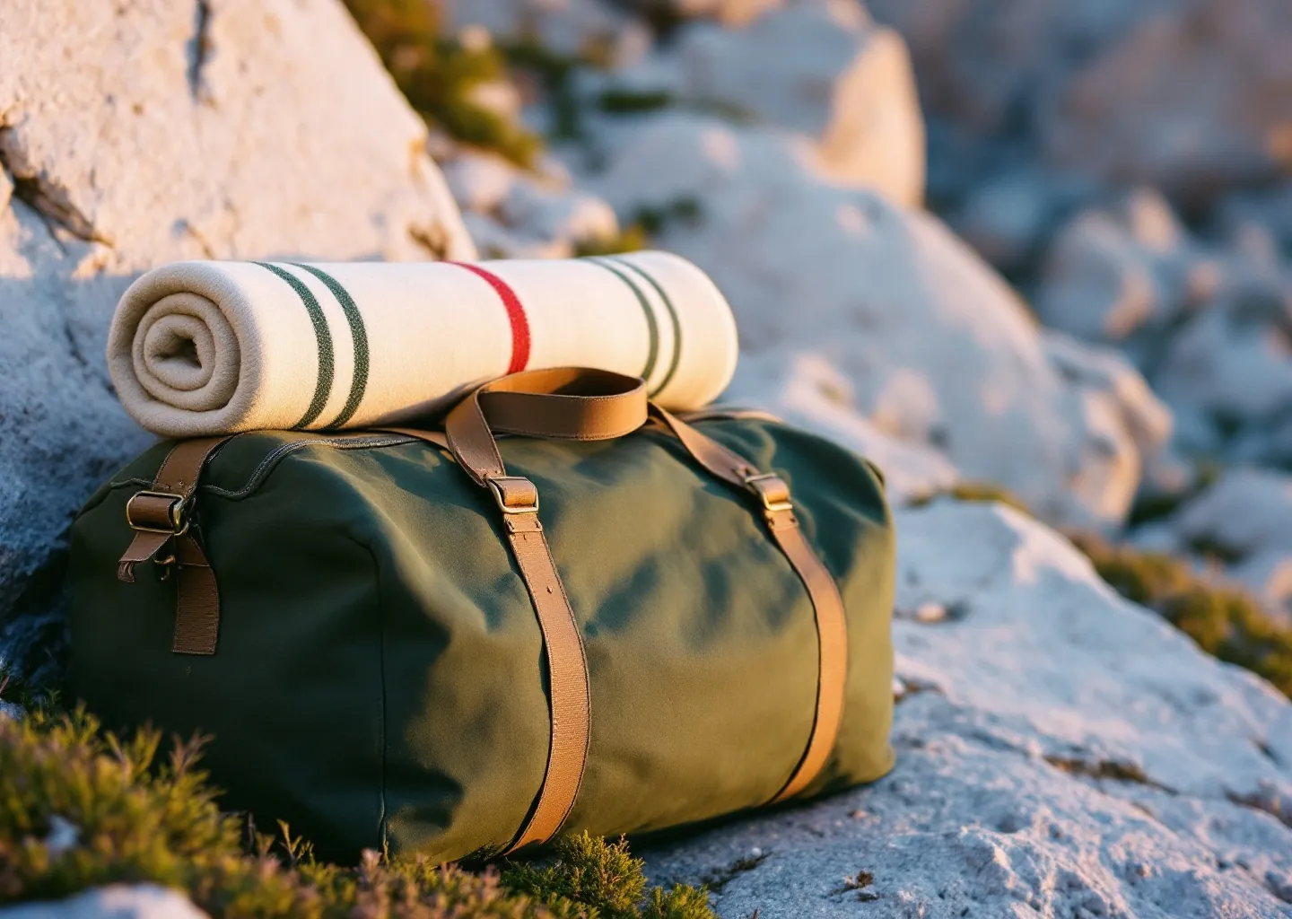 Olive waxed-canvas duffel with a striped wool blanket rolled on top, set on pale granite at golden hour