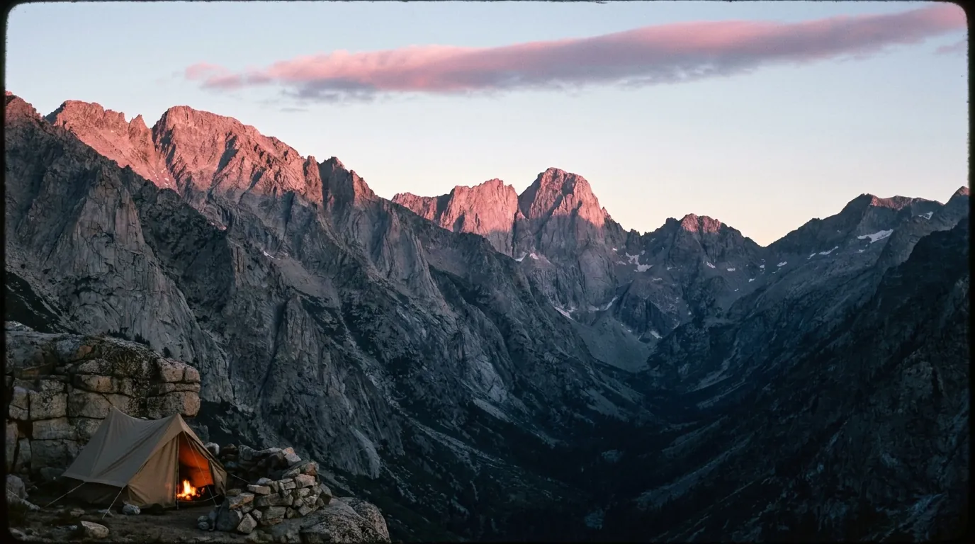 Canvas tent with firelight glowing inside, perched above a deep valley at dusk