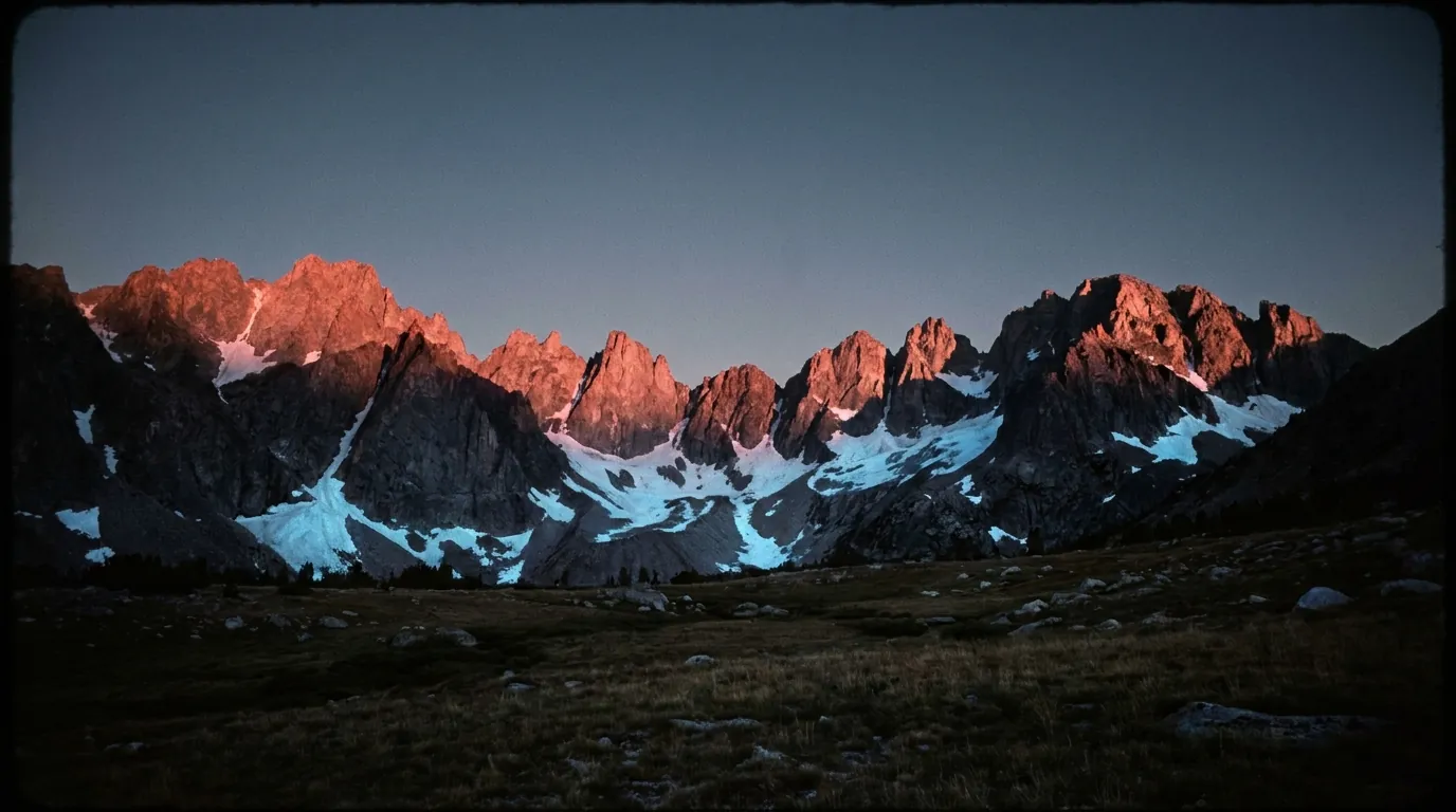 Serrated granite ridgeline holding the last pink alpenglow above a shadowed high meadow