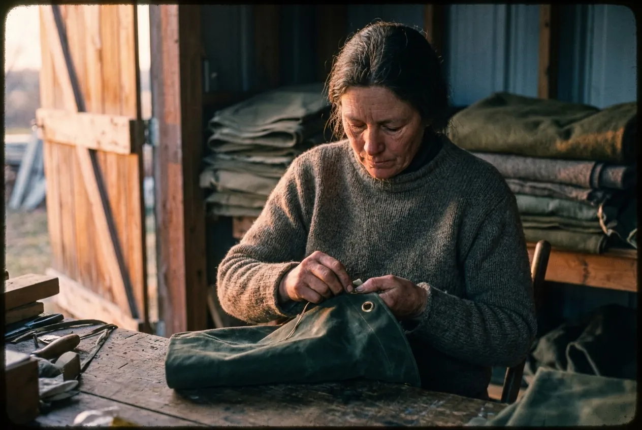 Founder hand-setting a brass grommet into waxed canvas at a timber workbench in low golden light