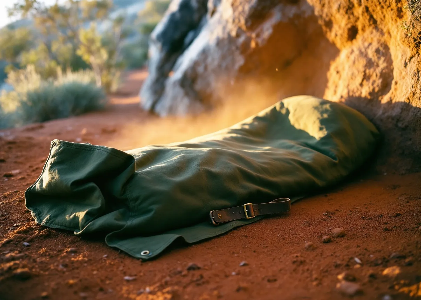 Olive waxed-canvas swag rolled out on red dirt beside a granite boulder at golden hour