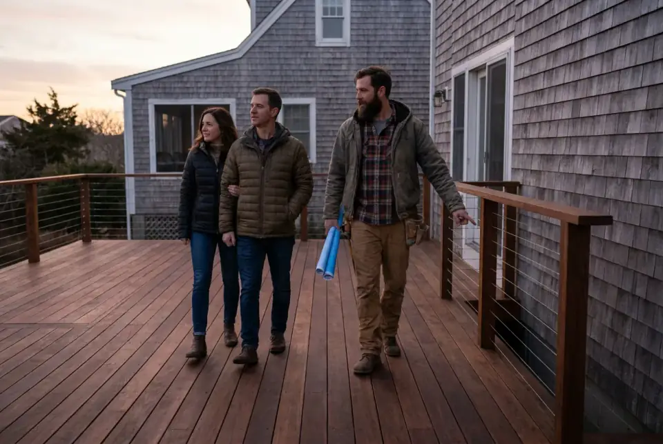 Marcus Copeland walking a couple across their finished deck at golden hour