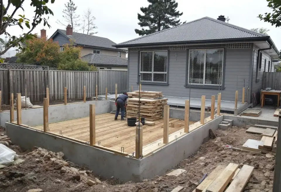 Day two at Fenwick Lane: string lines, footings and posts set out beside the house