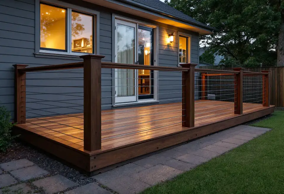 Day ten: the finished deck freshly oiled at dusk, house lights on
