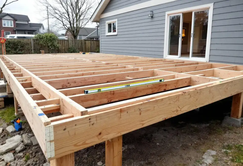 Day three: hardwood subframe with a spirit level resting across the joists
