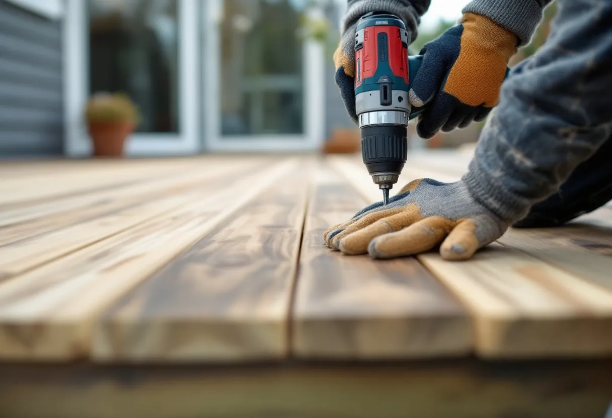 Day six: gloved hands fixing straight decking boards with a drill