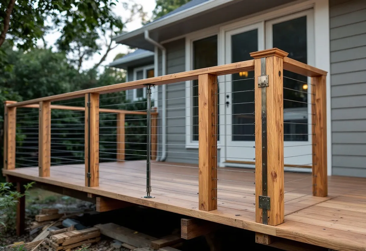 Day eight: timber balustrade posts with stainless wire being tensioned