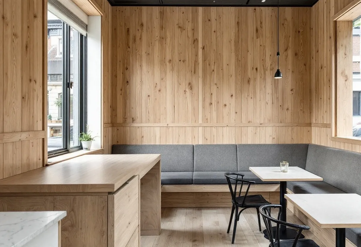 Timber-lined cafe fit-out with oak counter and built-in banquette, just completed