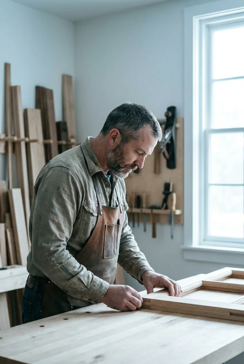Ray Copeland at the bench, checking the fit of a sash joint
