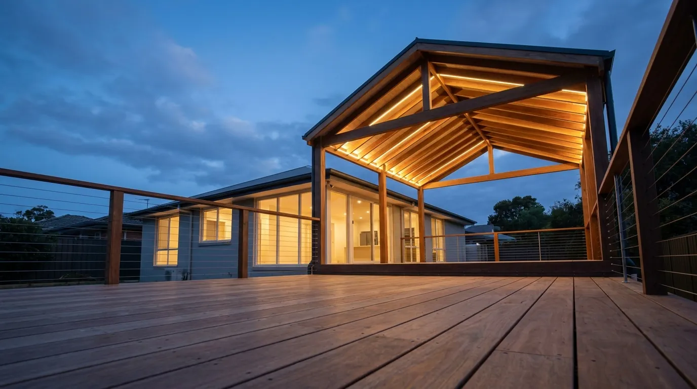 Twilight over a finished spotted gum deck and cedar-lined pavilion, house lights glowing