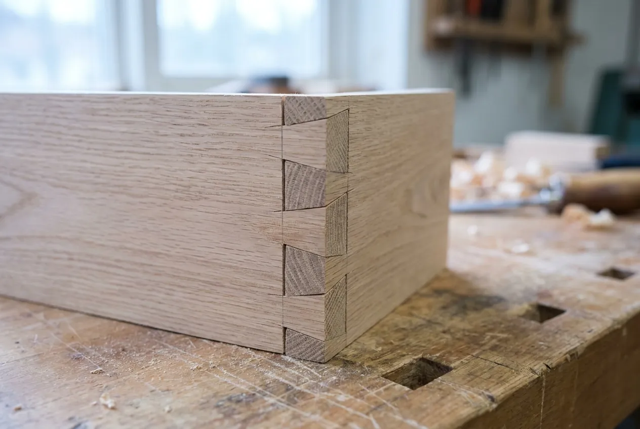 Hand-cut through dovetail joint in oak, tight and unfilled