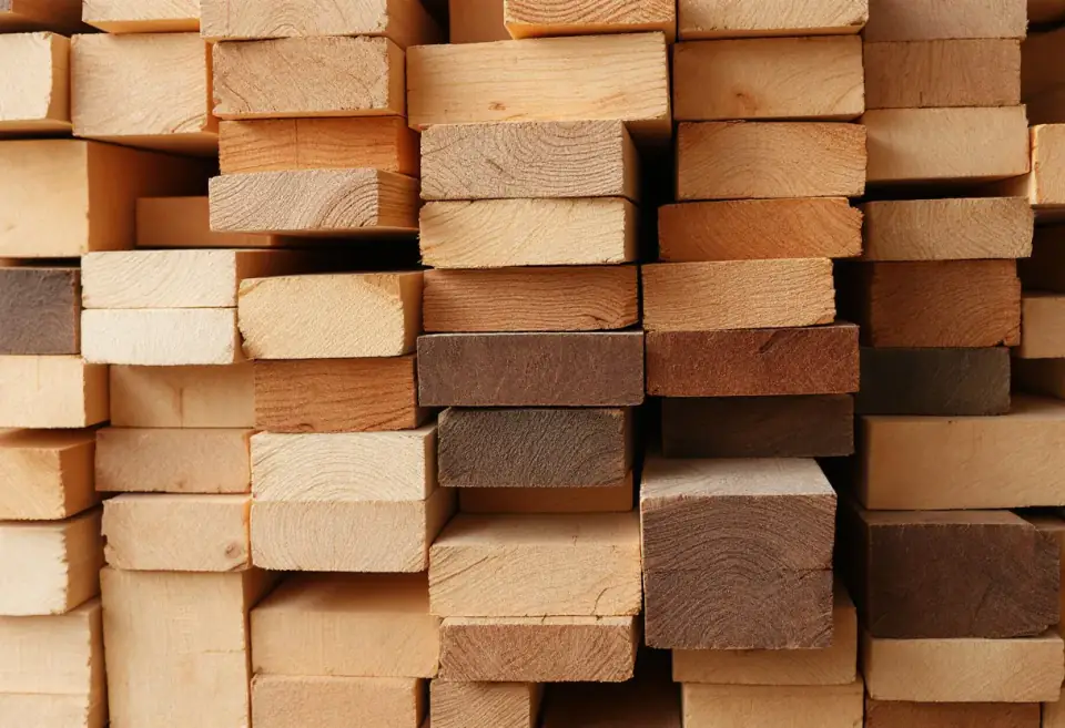 Sawn hardwood boards stacked end-on, species tones from pale straw to deep brown