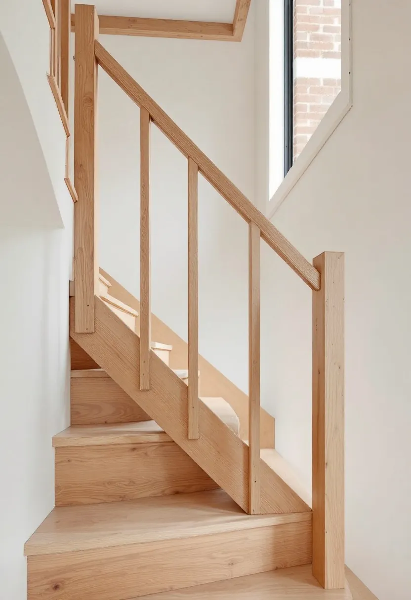Open-riser oak staircase with slender timber handrail in cool daylight