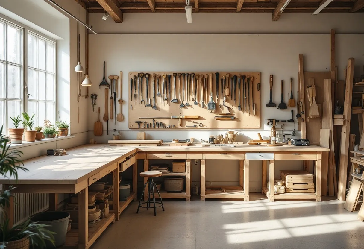 The Copeland workshop: long bench, timber racks and tools hung in size order under cool window light