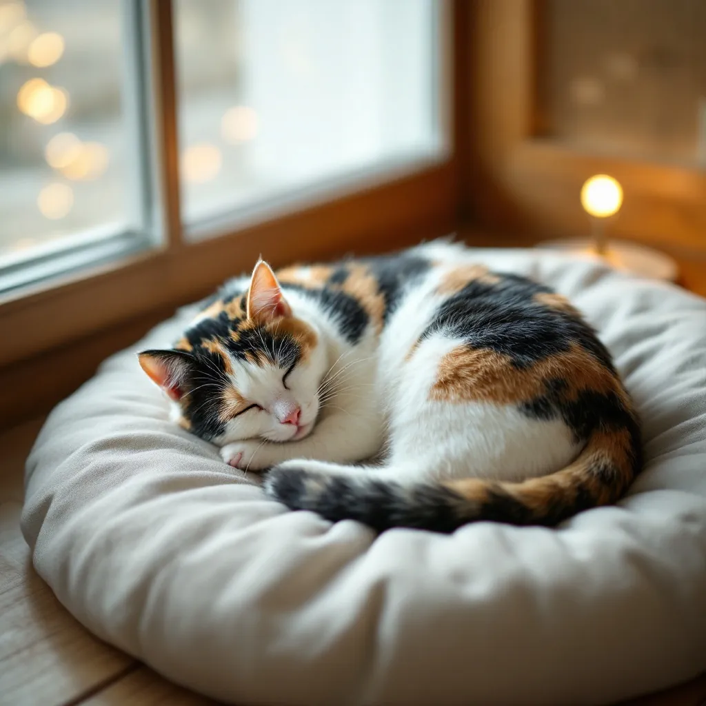 Mochi, a calico cat, curled half asleep on a linen floor cushion