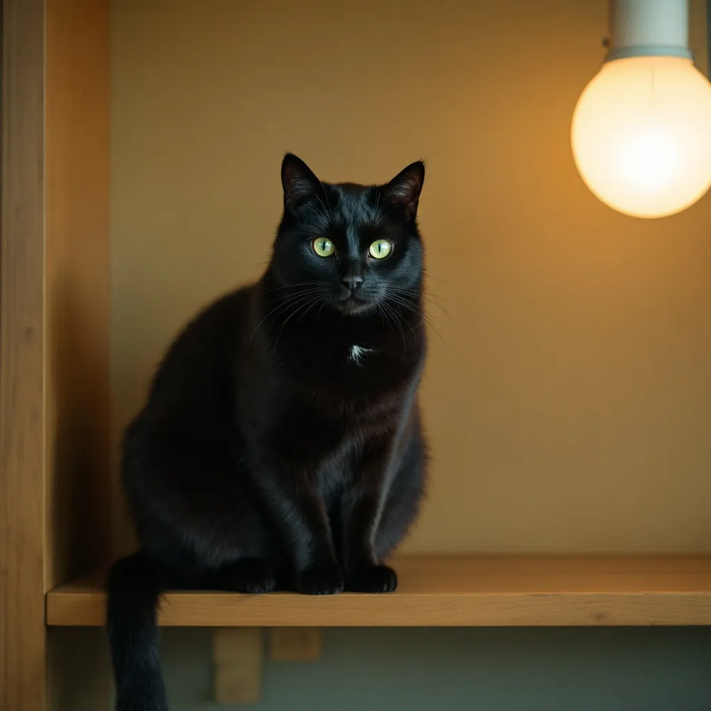 Nori, a black cat with green eyes, sitting neatly on a wooden shelf