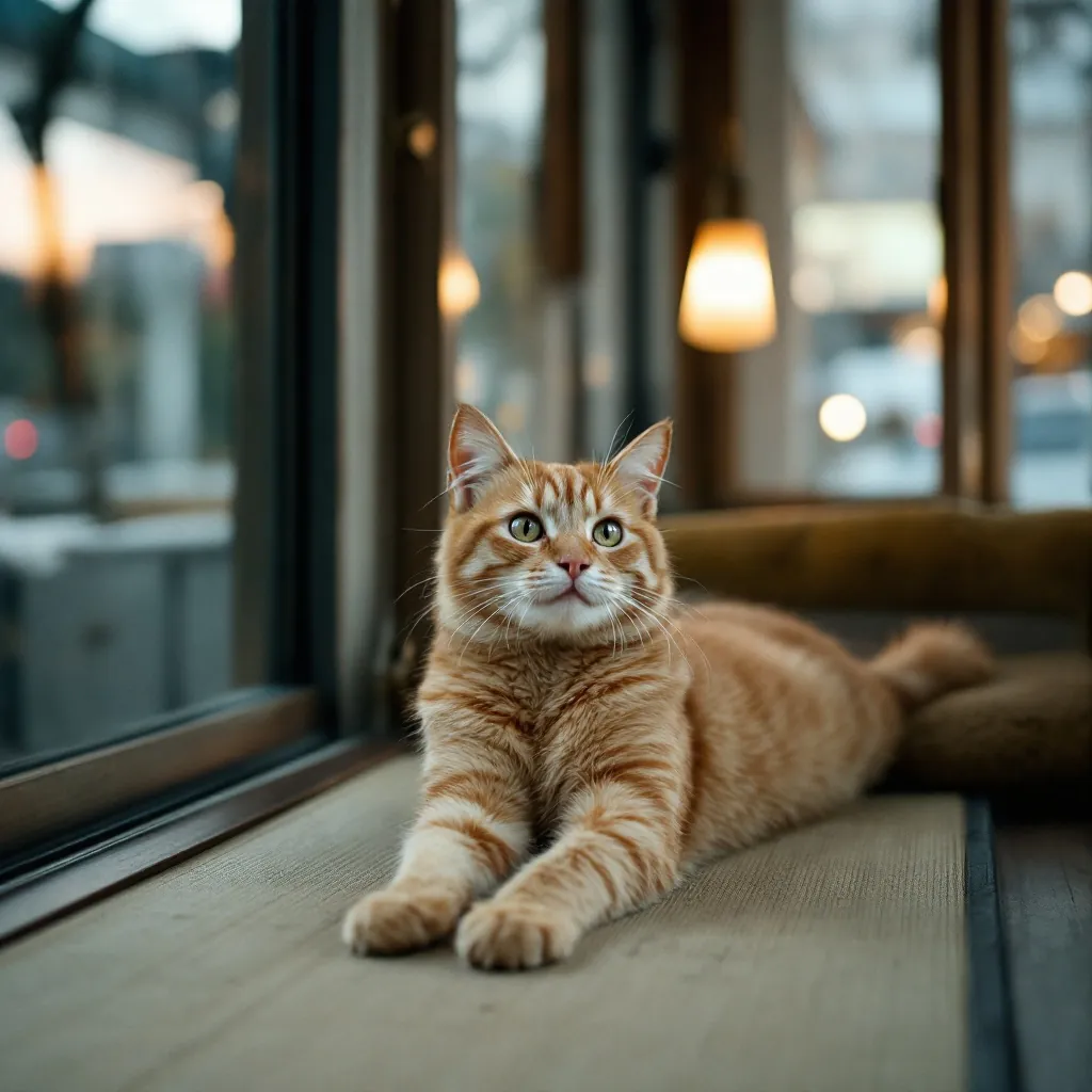 Purin, a ginger tabby, stretched out on a tatami bench by the window