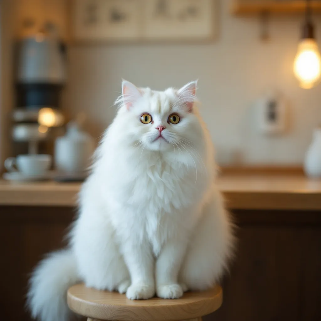 Tofu, a fluffy white cat, seated like a customer on a wooden counter stool